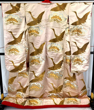 Japanese Vintage Kimono Uchikake Polyester Beige Embroidery Gorgeous Drit 70 in
