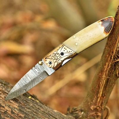 Vintage Handmade Damascus Folding Blade Pocket Knife Viking - Camel Bone Handle
