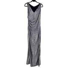 David Meister Blue Metallic Beaded Shoulder Plunge V-Neck Ruched Gown Size 12