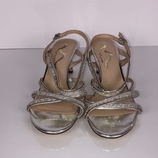 NINA Silver Glitter Rhinestone Strappy Women  s Sandals Sz 9.5 M Elegant Heels
