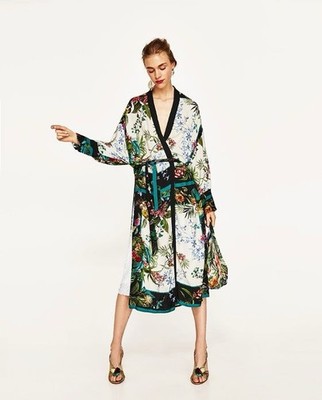 Zara Basic Collection Kimono Jacket M Floral Belted Robe Vacation Resort Lagen