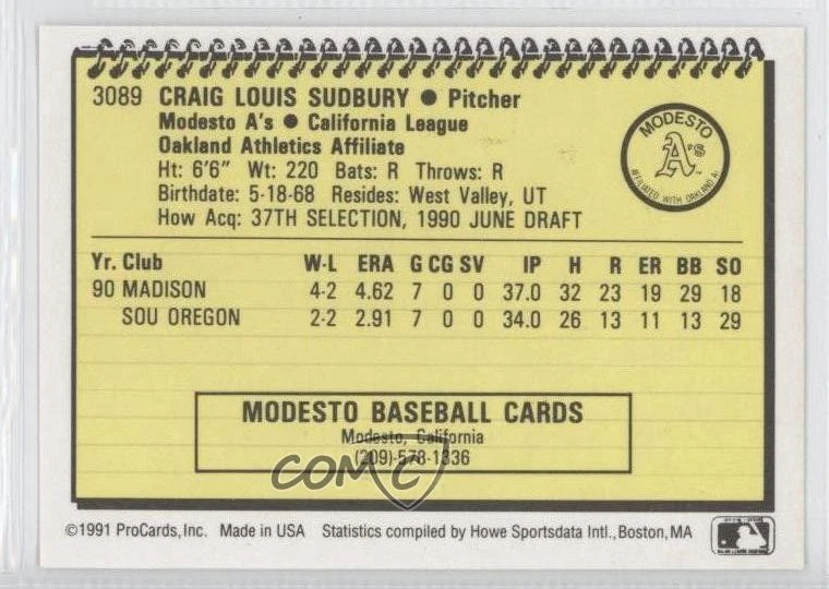 1991 ProCards Minor League Craig Sudbury #3089 - Image 2 of 2