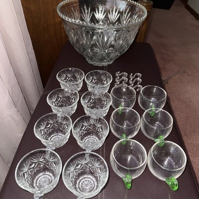 Vintage Hazelware Lexington Prescut Crystal Punch Bowl Set 18pc Green Cups Box