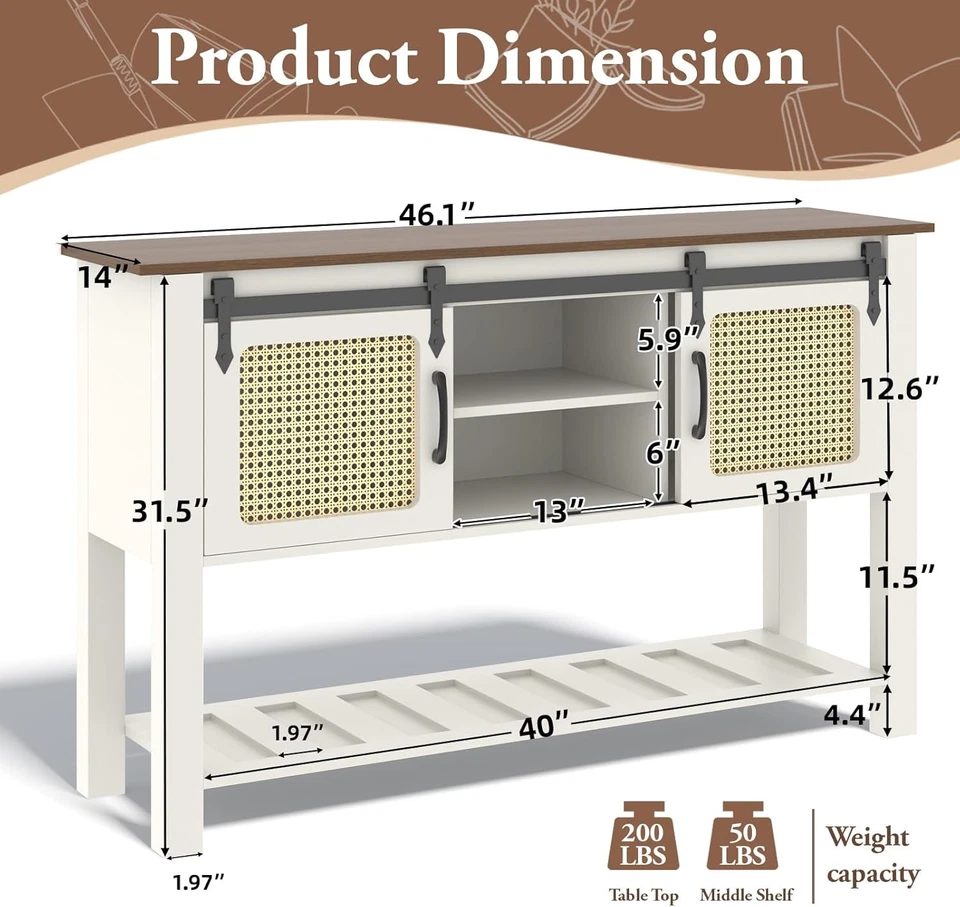 Buffet Cabinet, Coffee Bar Storage Cabinet with Rattan Sliding Barn Door&Shelves - Image 4 of 4