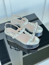 New Miu Miu Silver Platform Jewel Sandals Wedge Heels Ankle Strap Embellished 37