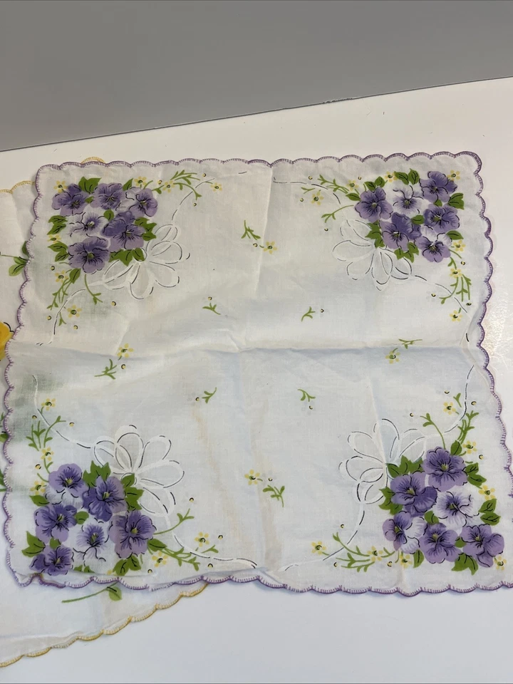 Vintage MCM Hankies Lot of 3 Yelli& Purple Floral Prints on Cotton Handkerchiefs - Image 3 of 4