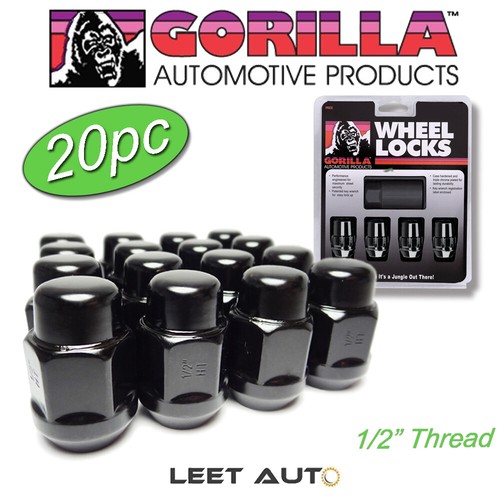 (20pc.) Gorilla Lug Nuts + Wheel Locks, 1/2" Thread, Bulge Acorn, Black Chrome - Picture 1 of 5