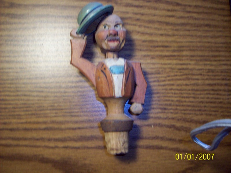 MECHANICAL GERMAN WINE CORK STOPPER . MAN TIPPING HAT.  ALL WOOD VINTAGE
