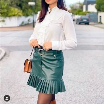 ZARA Pleated Faux Leather Mini SKIRT Bottle Green Belted 8073/028