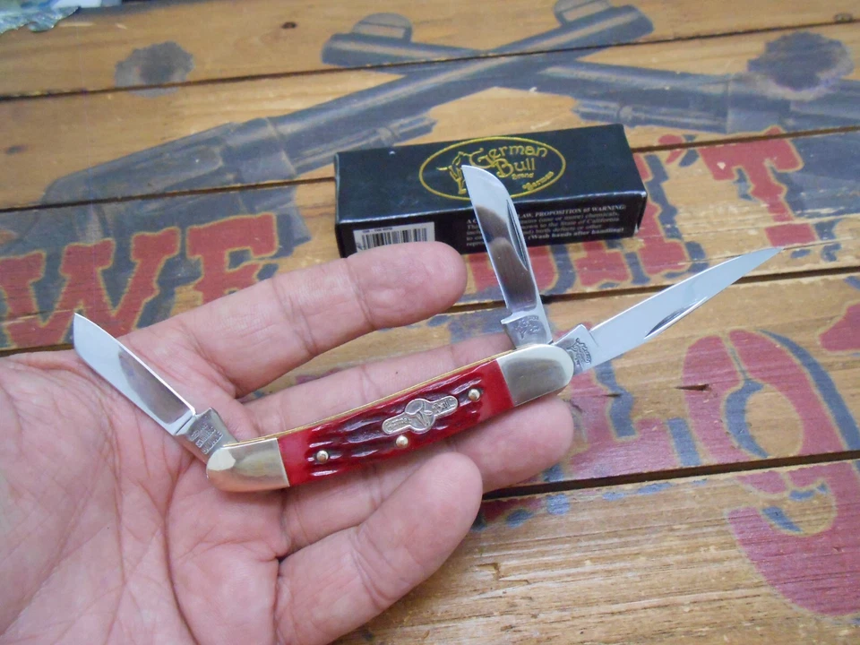 German Bull 3 Blade Pocket Knife Red Pick Bone Handle - Image 2 of 4