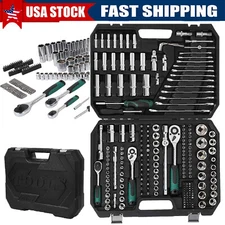 216pcs Mechanics Tool Kit SAE & Metric 1/2" 1/4" 3/8" Drive Sockets Wrenches Set