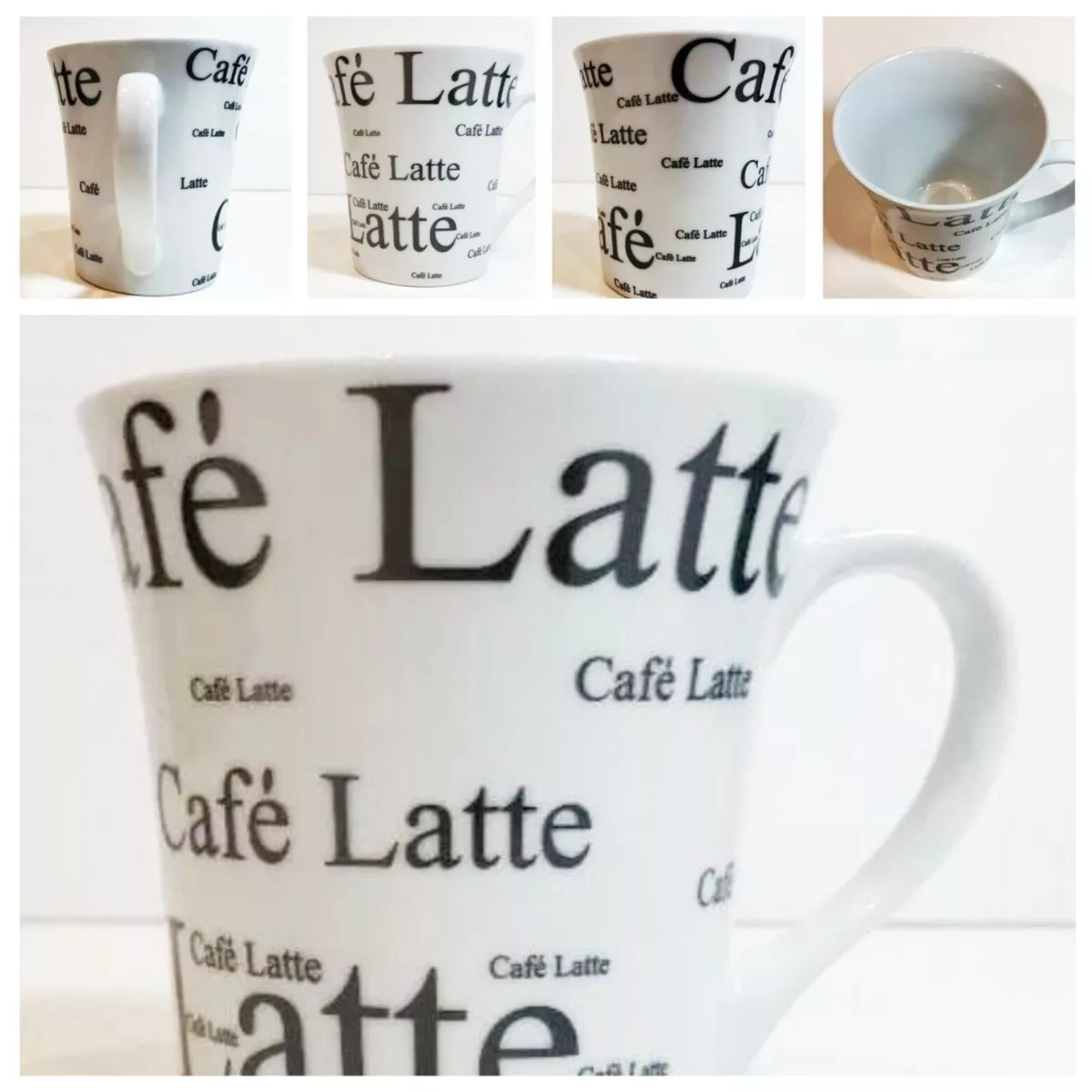 White Café Latte Mug Bold Black Writing Tea Coffee Ceramic White Cup 12 oz.