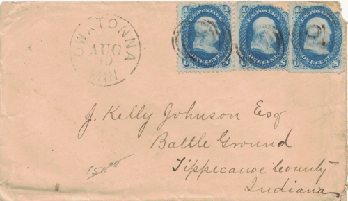 1860's Era Owatonna, Minnesota Cancel on Cover w 3, 1¢ Franklin Stamps, Sc. #63