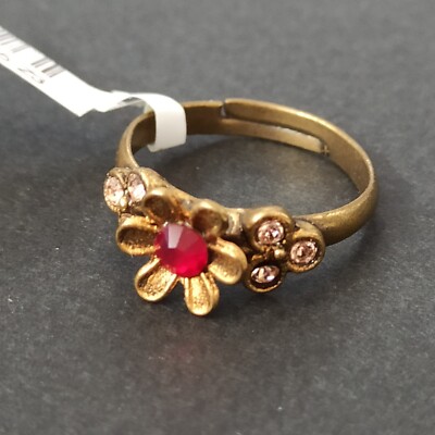 Michal Negrin Ring Red Pink  Adjustable Dainty Romantic Crystals Flower VTG 5.25