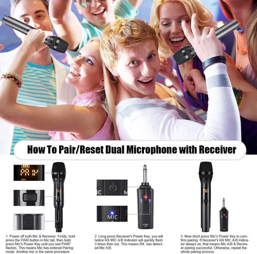 Pro UHF Wireless Dual Handheld Microphone System Set Rechargeable Karaoke Church - Picture 8 of 15