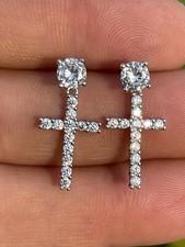 Real 925 Sterling Silver Men's Ladies Dangle Cross Studs Earrings Iced CZ