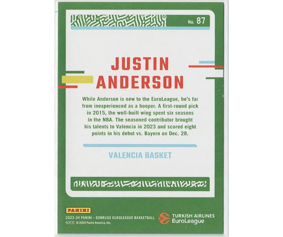 Prueba de prensa Panini Donruss Euroliga 2023-24 201/249 #87 Justin Anderson Foto 2 de 2