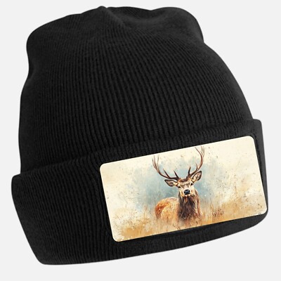 Black Beanie Hat with Cool Deer Motif - Unisex Cap, Cotton
