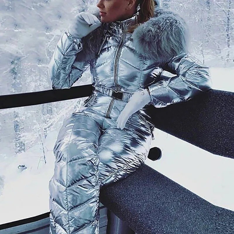 New Shiny Silver Gold One-Piece Ski Suit Women Winter
