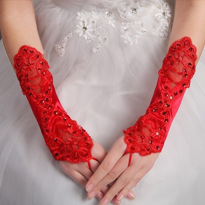 Gloves RED Bridal Wedding Party Evening Red Sexy Lace Sequin