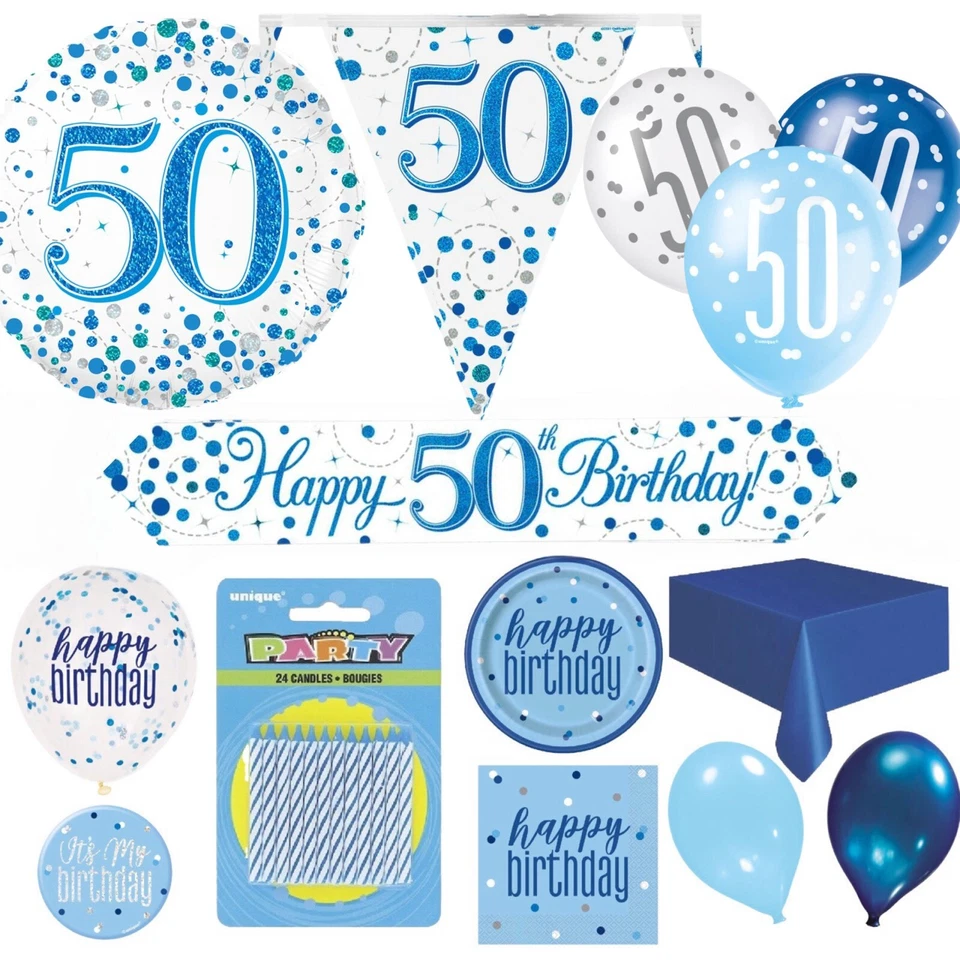 UNIQUE PARTY 50th Birthday Decorations Blue White Happy Party Banner Bunting Balloons Candles