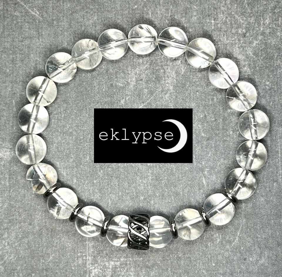 Pulseira masculina HIP 8"L aço inoxidável 10mm cristal transparente quartzo pedra preciosa frisada - Imagem 4 de 4