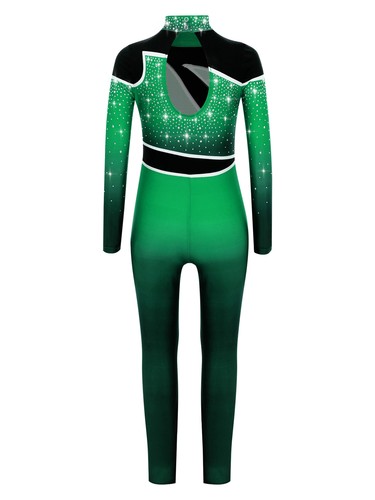Kids Gradient Long Sleeve Sparkly Rhinestone Full Body Leotard Unitard Jumpsuit - Picture 55 of 90