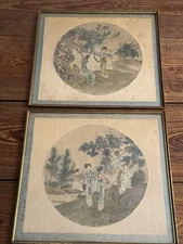 Pair of Antique Meiji Period Framed Silk Screen Paintings - Courvoisier Framing