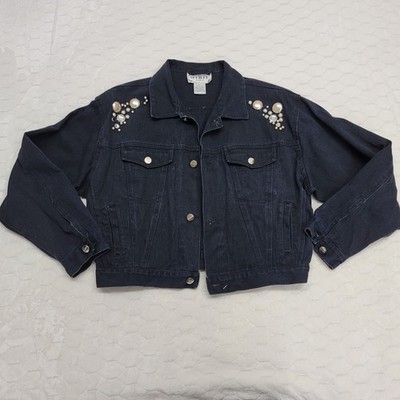 Vintage Get Spoiled Squeeze Black Denim Jacket Pearl Rhinestone Cropped Large