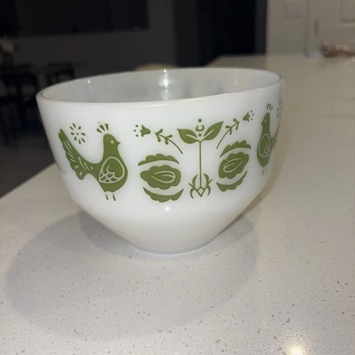 Vintage Fire King Federal Mixing Bowl Milk Glass Green Hens Roosters 1.5 Qt