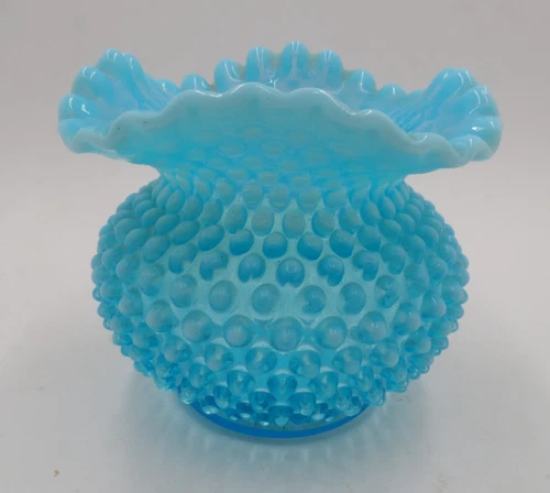 Vintage Fenton blue hobnail ruffled edge bulb vase opalescent