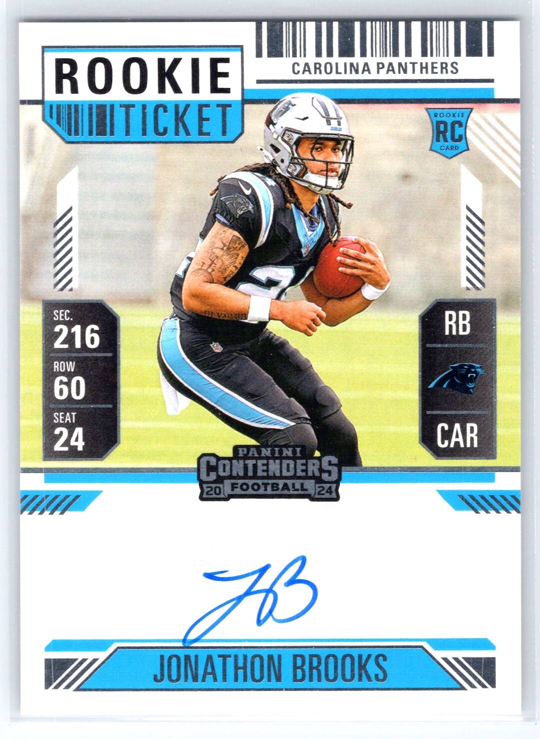 Jonathon Brooks 2024 Contenders Rookie Ticket On Card Auto! Panthers