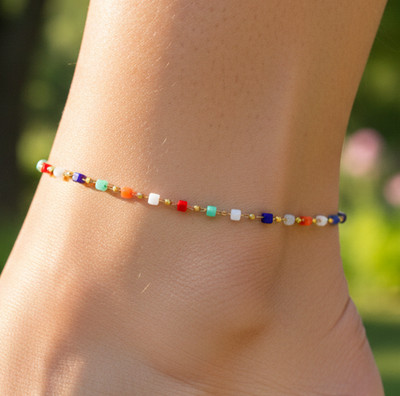Boho Colorful Beaded Gold Tone Anklet 18K Gold Plated Brass Chain Designer Ankle