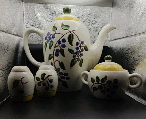 Vintage Stangl Pottery Blueberry Large Teapot, Sugar, And Two Shakers