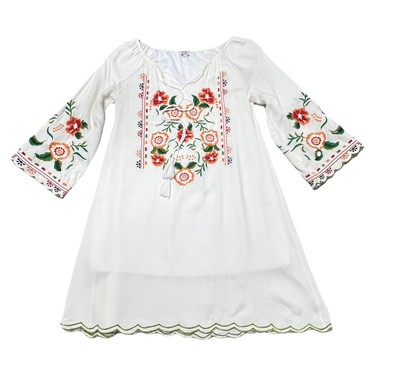 Chic Connection C|C White Floral Embroidery Tie Neck Tunic Dress S/P Lined Boho