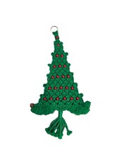 VTG Large Macrame MCM Christmas Tree Wall Hanging Green w/ Red Wood Beads 29  