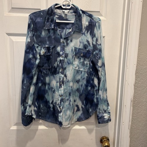 Calvin Klein Women Blue Abstract Art Button Down Blouse Top Roll Tab Size Large