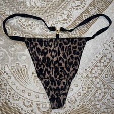 VICTORIA'S SECRET Shiny V-String Thong Panty L Leopard NWT Black VS