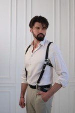 Black Leather Suspenders for Men, Wedding Groomsmen Gift