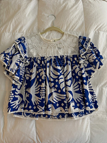 FARM Rio Blue & White Abstract Print Lace Flutter Sleeve Blouse S