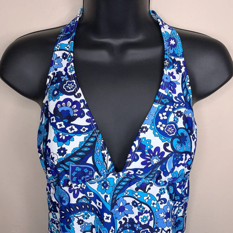 Camiseta sin mangas mediana antigua azul marino blanca escote profundo halter corbata cachemira boho Foto 3 de 4