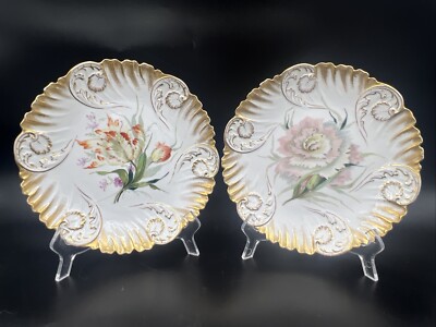 Antique 1901-1914 Dresden Franziska Hirsch Floral Plates - Set of 2
