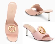 Gucci Blondie 65 Interlocking G Leather Sandals Heeled Mules Pink  sz 38.5  $970