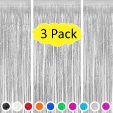 3-Pack Silver Foil Fringe Backdrop Tinsel Curtains for Birthday or New Year