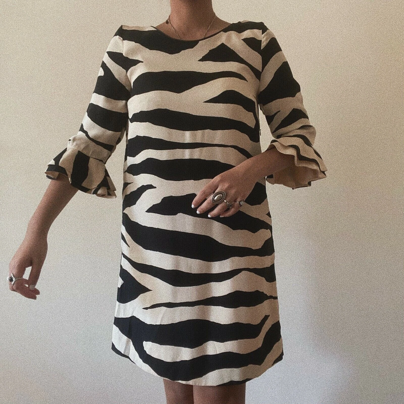 Abito Kate Spade seta crema zebra nera stampa a righe Andora manica flauto UK 8