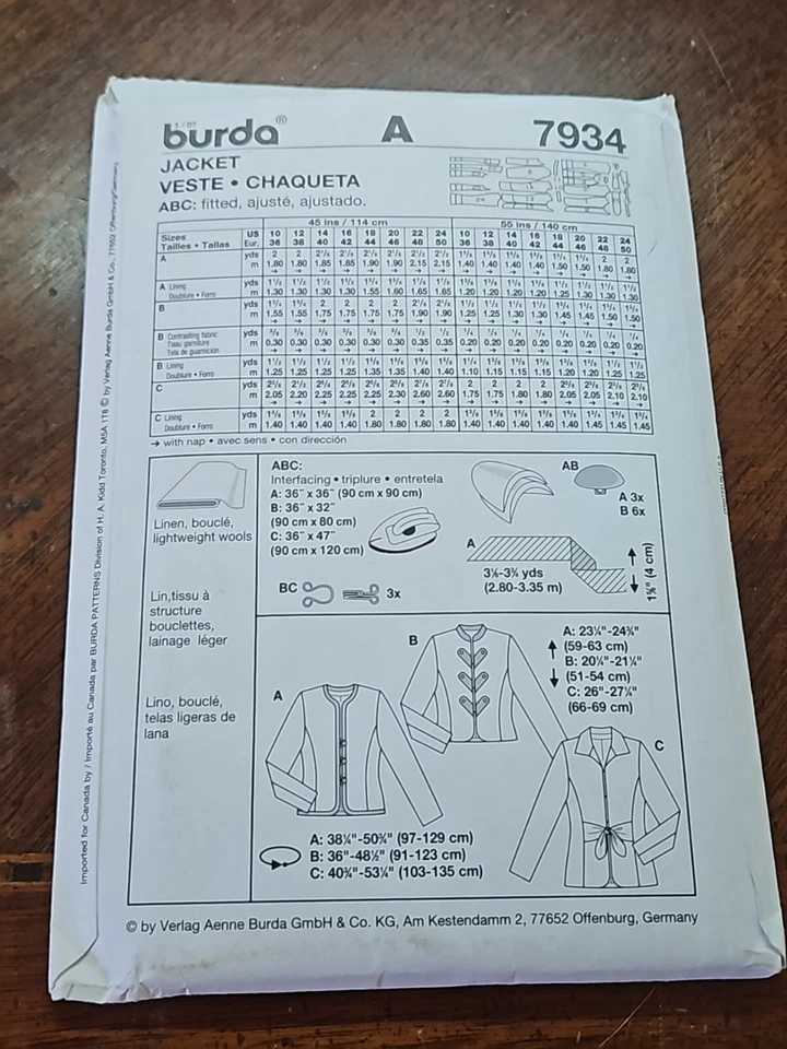 Burda Sewing Pattern # 7934 New And Uncut Jacket Sizes 10 - 24 - Image 2 of 2