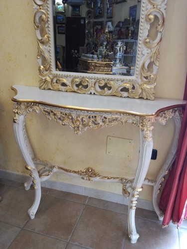 INGRESSO CONSOLE CON SPECCHIERA STILE BAROCCO LUIGI XIV AVORIO E FOGLIA ORO - Foto 6 di 8