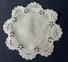 Antique Linen White Round Doily: Flower & Dot Embroidery Fluted Edge 8" Diameter