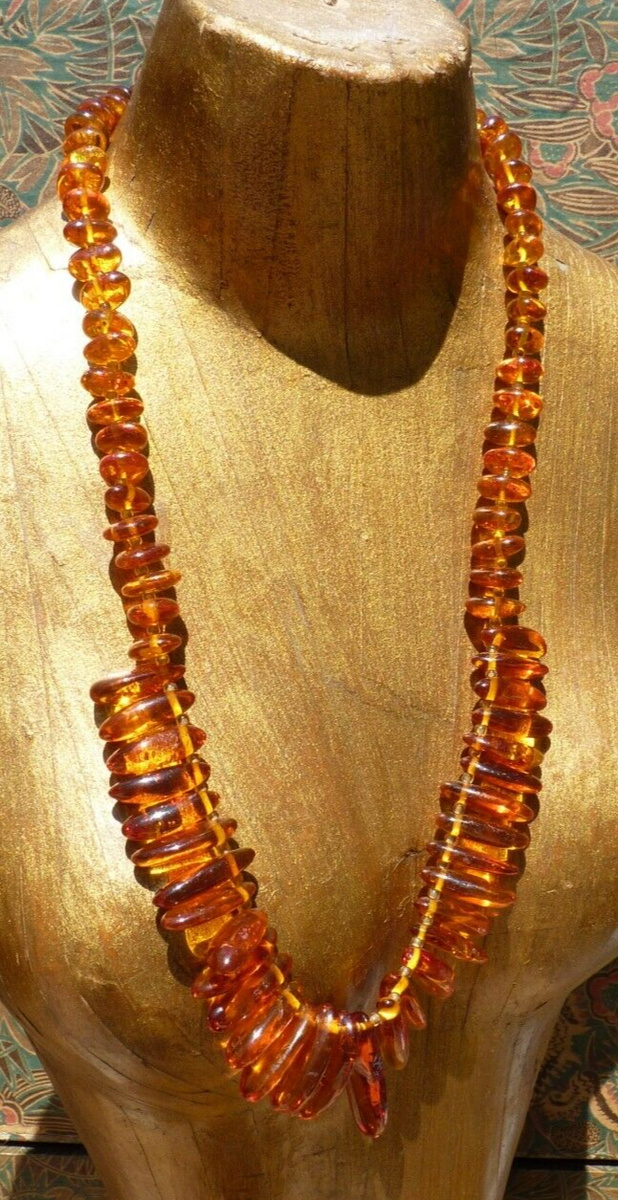 Collier Vintage Plastique Doré Faux Ambre - Perles Miel Caramel - Longueur 25 Pouces