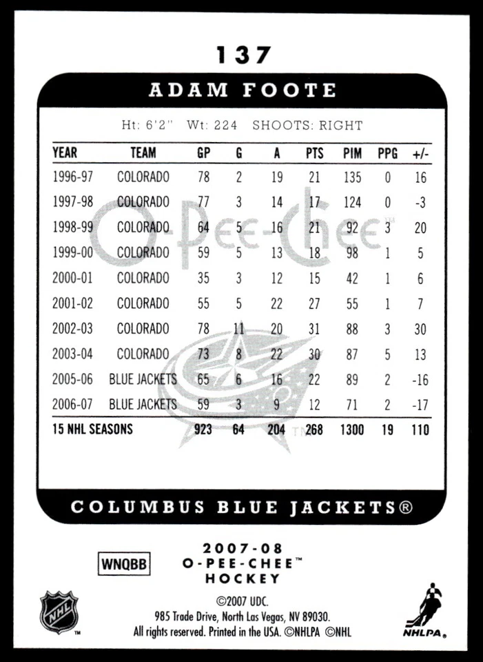 2007-08 O-Pee-Chee Micromotion Adam Foote Columbus Blue Jackets #137 - Image 2 of 2